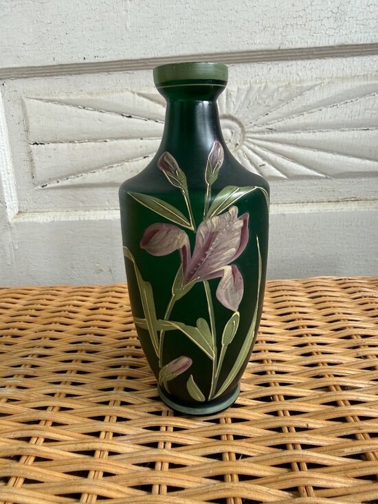 Carl Goldberg Other - Antique 1910s Carl Goldberg Bohemian Art Nouveau Green Glass Vase Purple Flowers